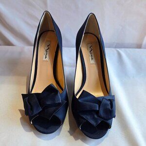 Nina New York Fraser-LS Navy Satin Bow Peep Toe Pump Heel Size 8M